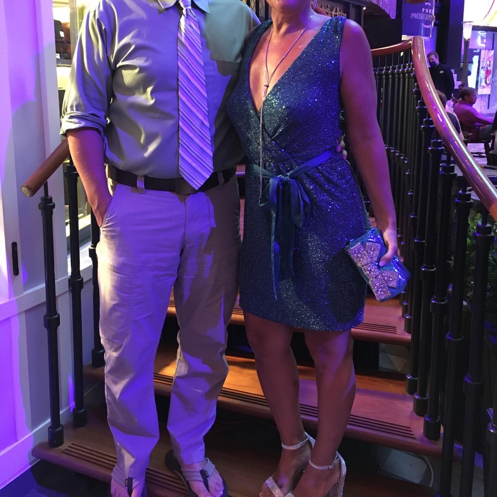 Express turquoise sequin mini dress w satin belt